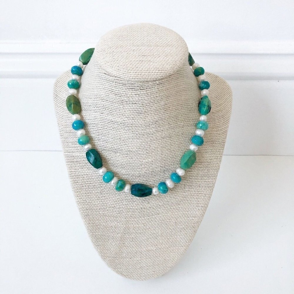 NWT Genuine African Turquoise, Chrysocolla & Pearls Necklace Green Blue White